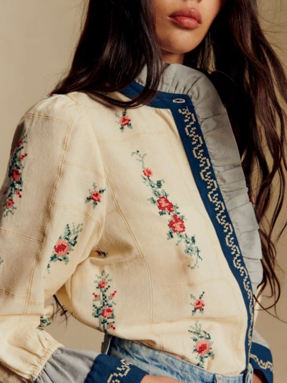 Sézane x Baziszt Colinette Ecru Floral Embroidery & Ruffle Blouse Size 40
